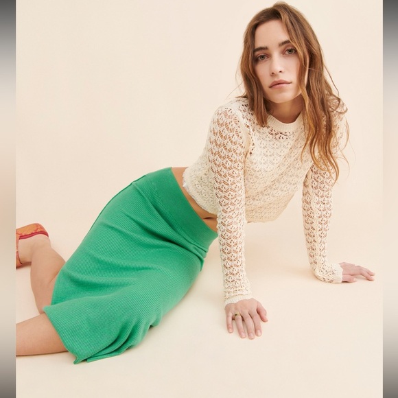 Free People Golden Hour Midi Skirt | Size L | NWT | Green Knit Ribbed - Picture 2 of 11